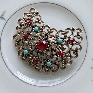 Vintage Filigree Brooch: Red Rhinestones with Turquoise Beads